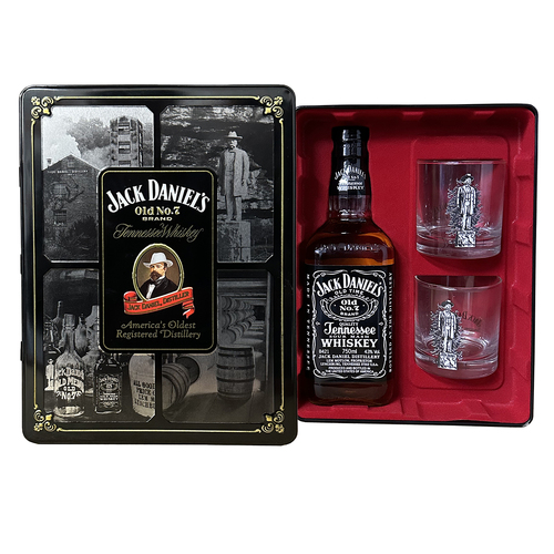 Jack Daniel's No 7 Tin Gift Box Set 2 Glasses ‘Pictures, Past & Present’