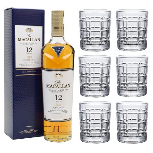 Macallan 12 Year Old Double Cask Single Malt with set of 6 Whisky Tumblers Bundle